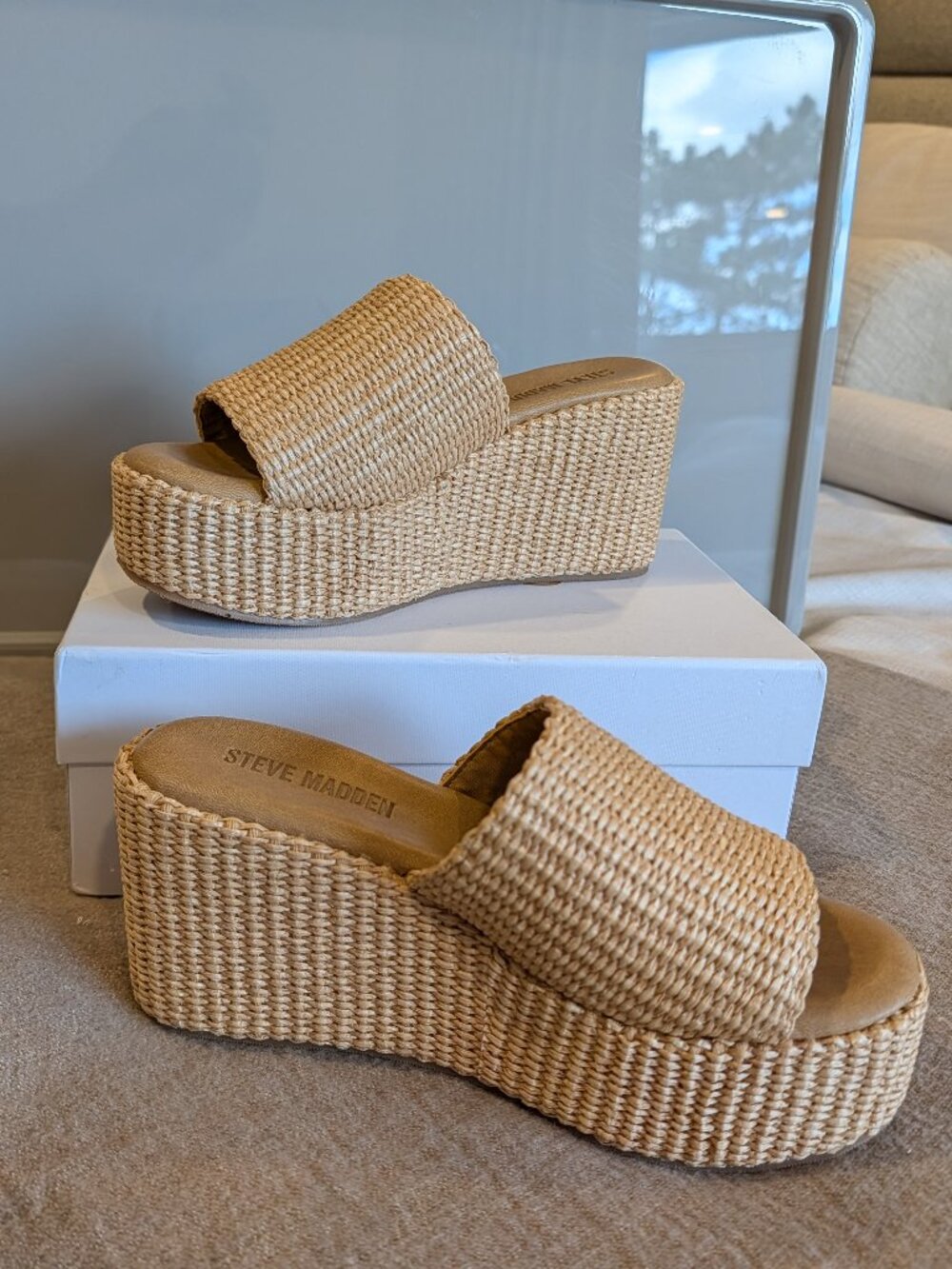 Steve Madden Jetty Natural Raffia Platform Wedge Sandals Mules Slides Size 8
